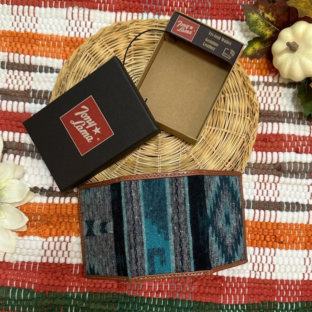 New Tony Lama Tri-Fold Wallet RFID Blue Aztec Canvas Leather Cowboy Western NWT